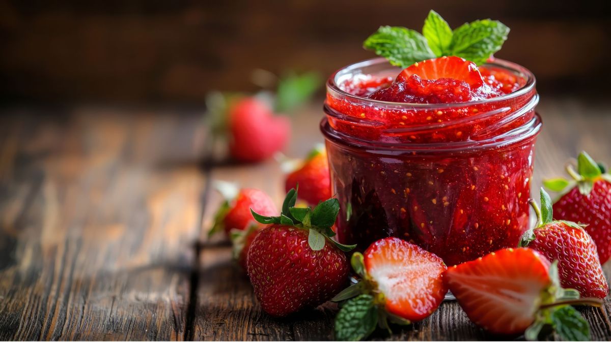 Erdbeermarmelade im Glas auf Holztisch