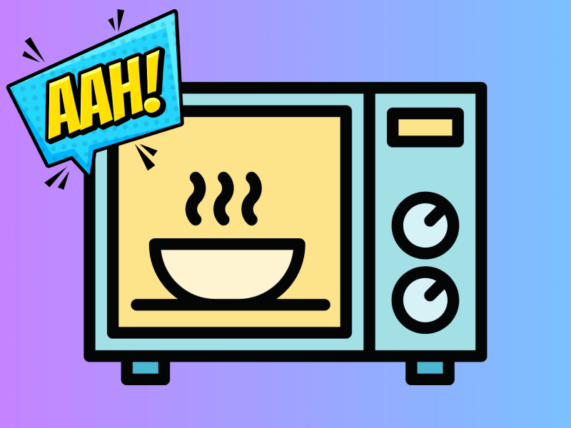 Zeichnung einer Mikrowelle vor buntem Hintergrund mit einer Sprechblase, in der "Aah!" steht.