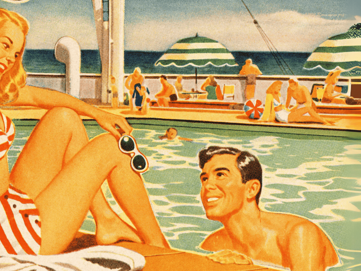 Vintage Bild von einer Frau, die am Pool sitzt und ein Mann spricht sie an.