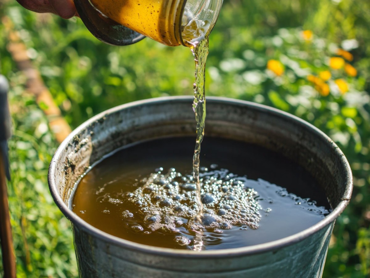 Eimer mit Urin als D&uuml;nger im Garten
