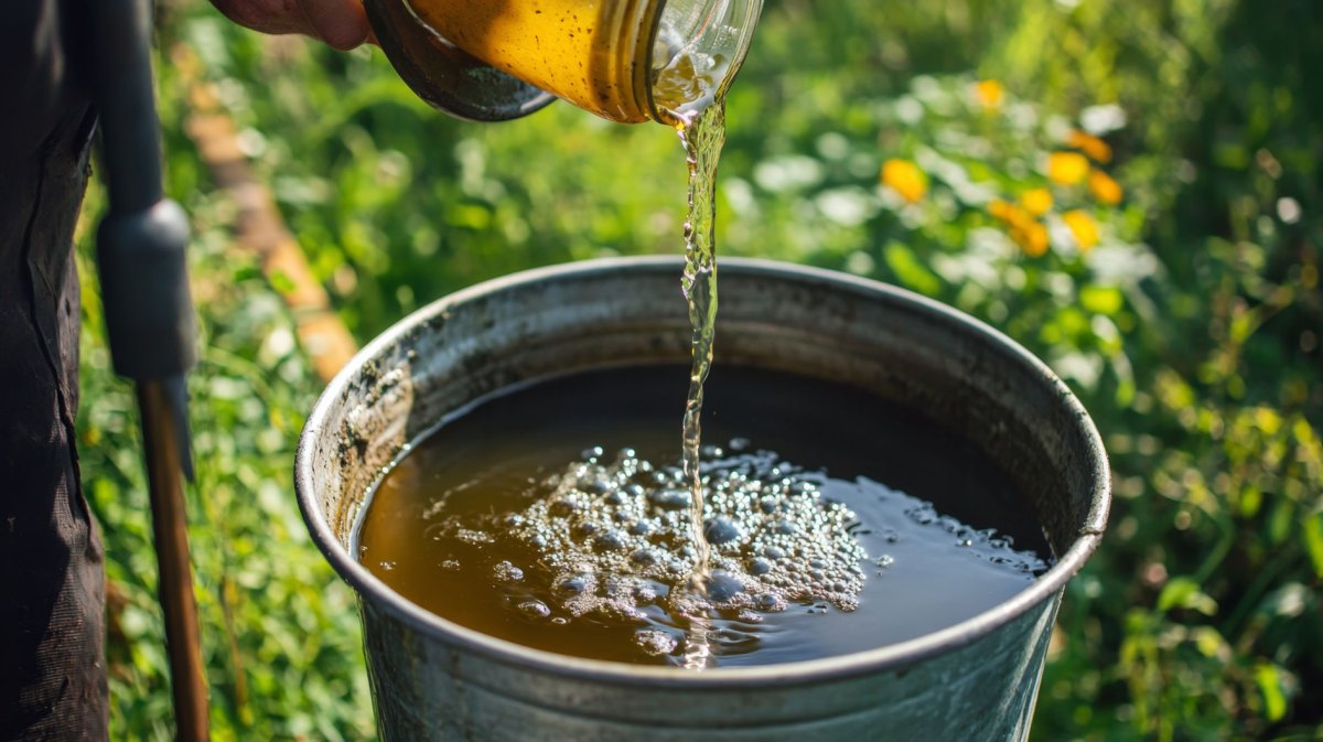 Eimer mit Urin als Dünger im Garten