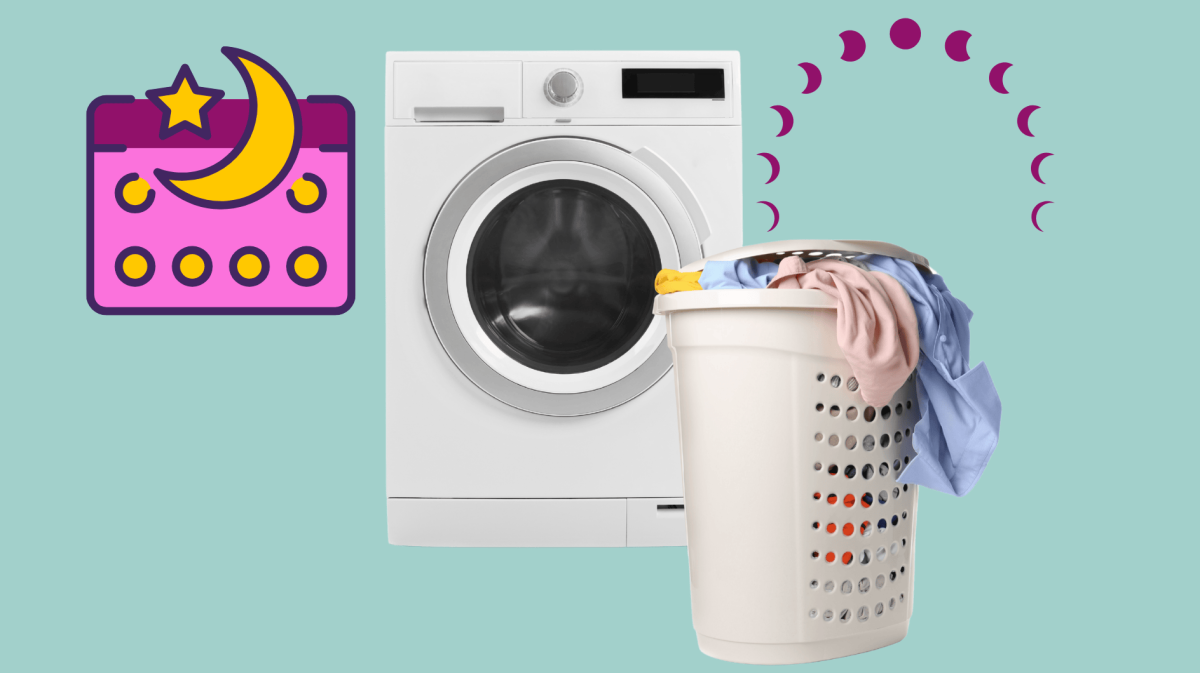 Eine Waschmaschine mit Wäschekorb und dem Mondkalender