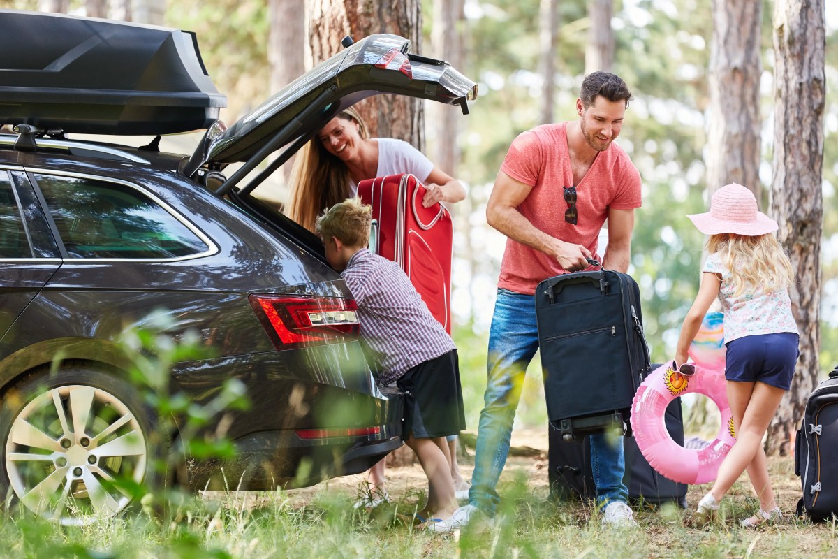 Kinder helfen Eltern beim Koffer tragen aus dem Auto im Wald.
