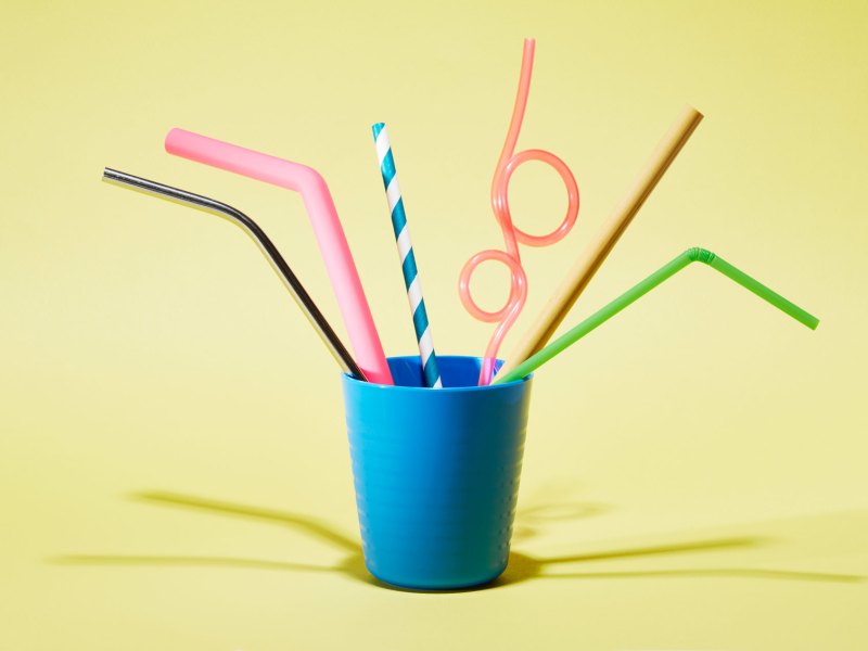 Ein Becher mit Strohhalmen in verschieden bunten Designs