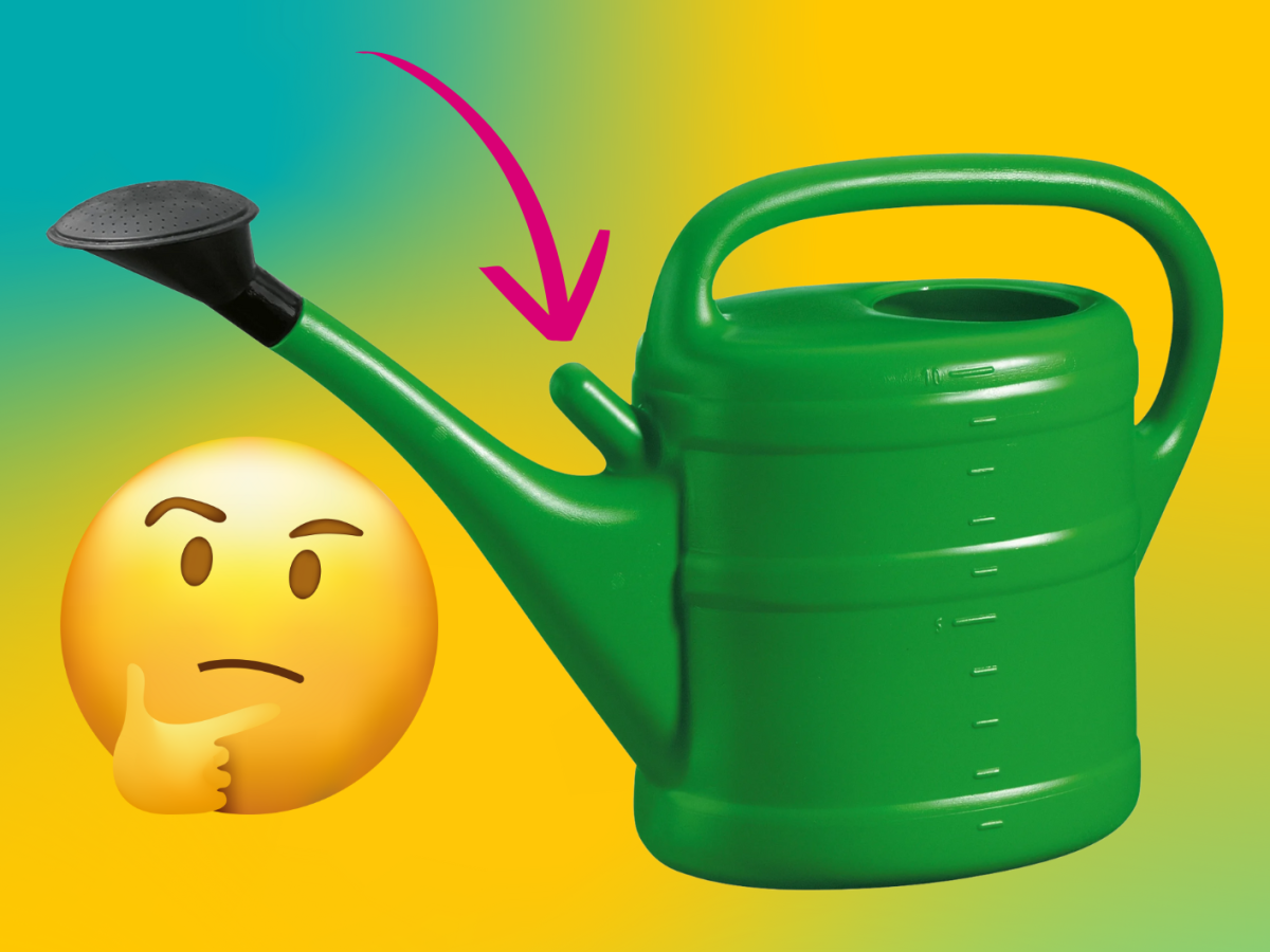 gr&uuml;ne Gie&szlig;kanne mit nachdenkendem Emoji vor gr&uuml;n-gelbem Hintergrund