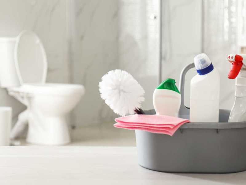 Putzmittel stehen vor der Toilette