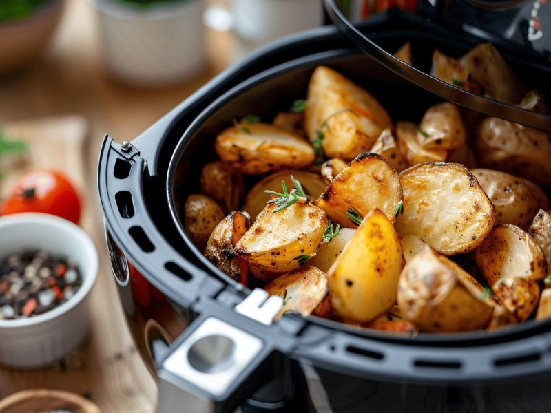 Bratkartoffeln in Korb von Airfryer.
