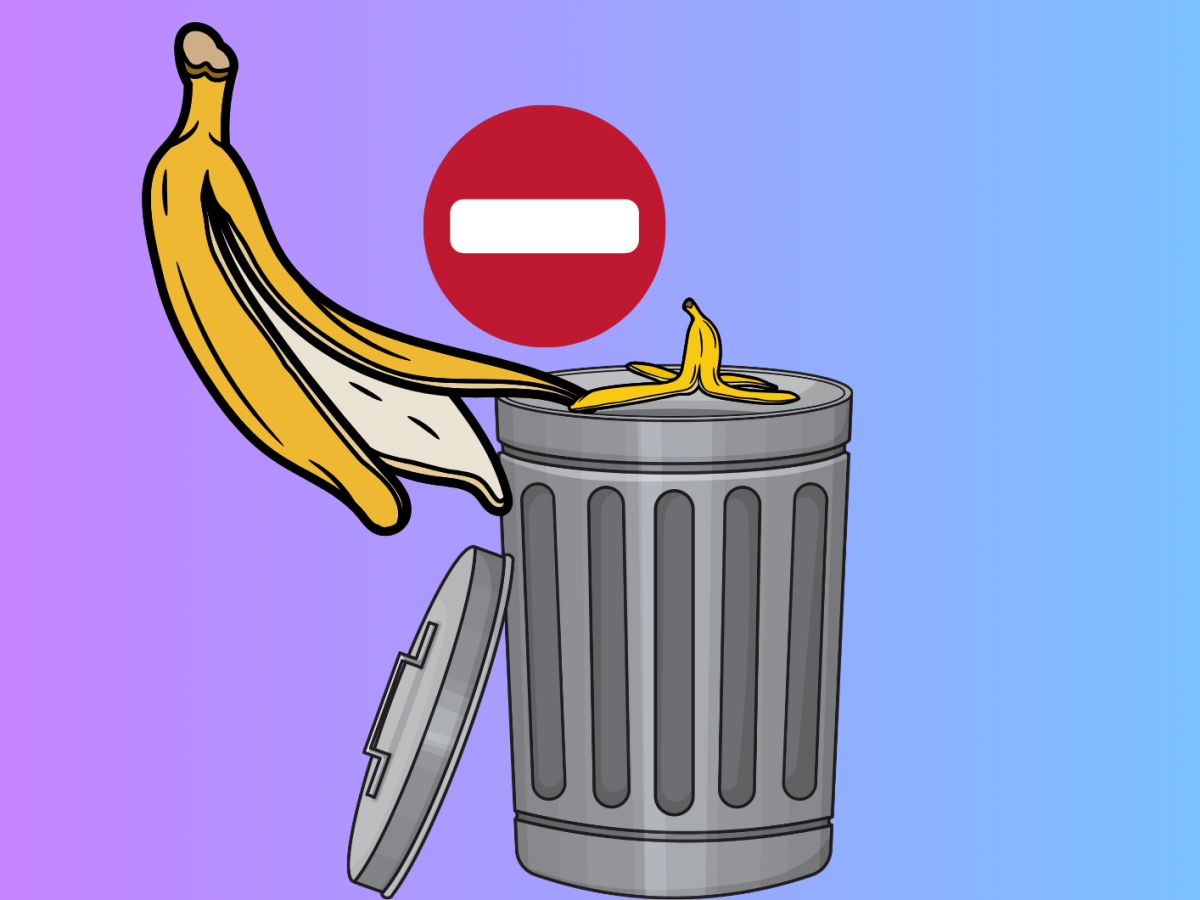 Bunter Hintergrund mit einem Stoppschild und Bananenschalen &uuml;ber einer M&uuml;lltonne