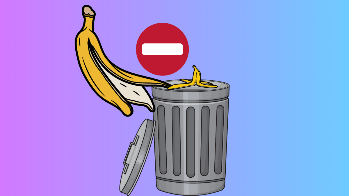 Bunter Hintergrund mit einem Stoppschild und Bananenschalen über einer Mülltonne