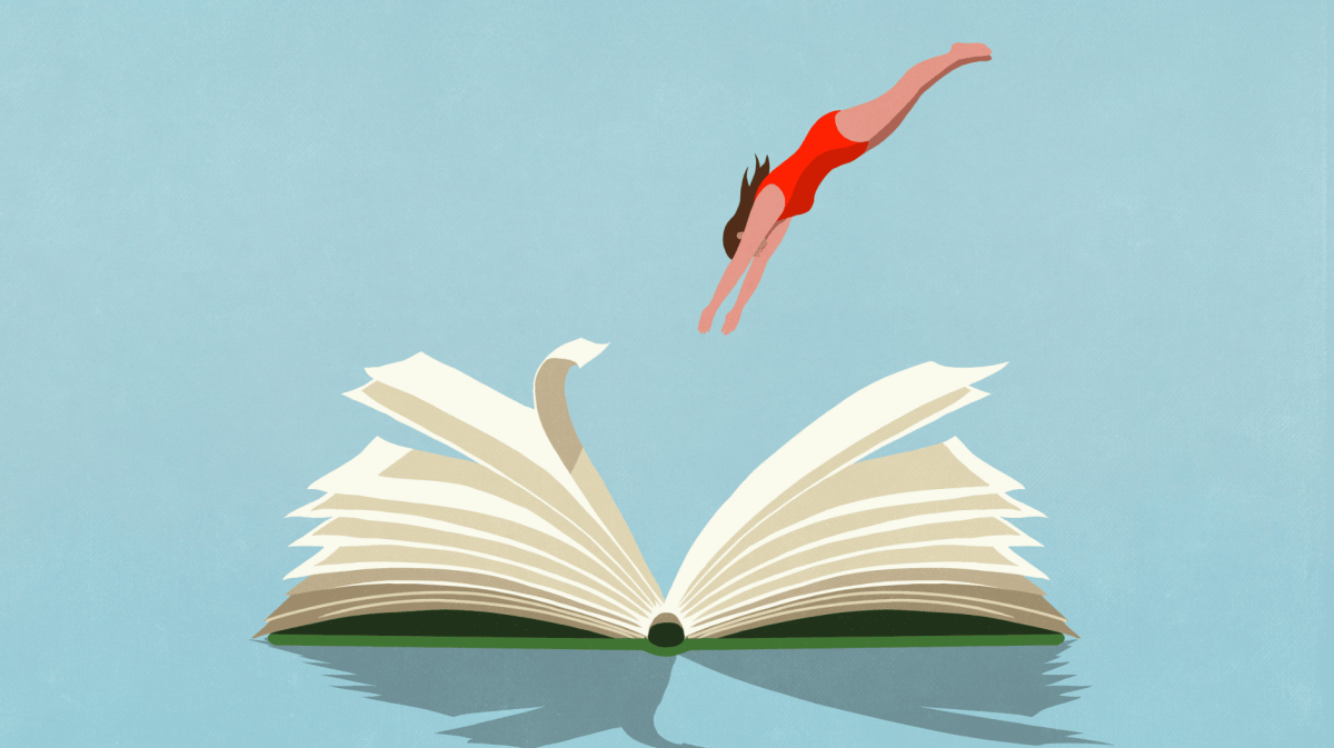 Illustration von einem geöffneten Buch, in das eine Schwimmerin springt.