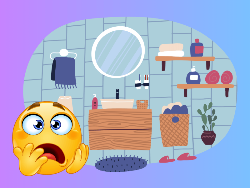 Zeichnung eines Badezimmers mit erschrockenem Emoji links unten.