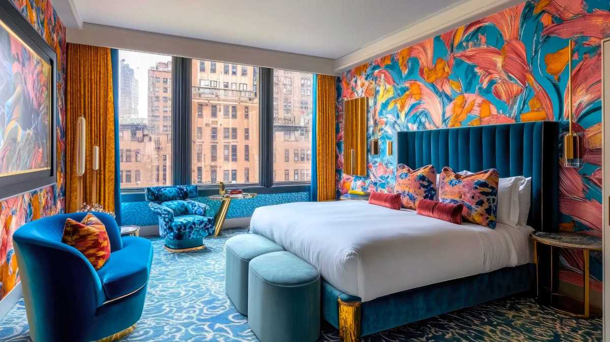 Luxuriöses Hotelzimmer mit Stadtblick und künstlerischem Dekor.