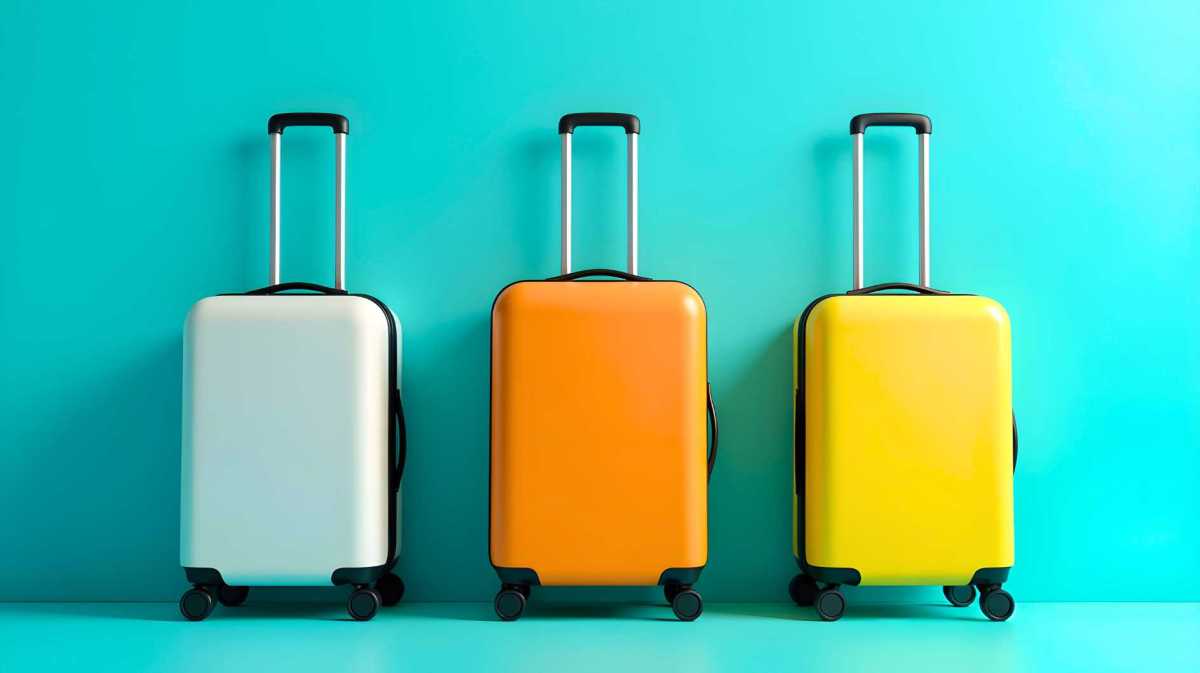 Drei bunte Koffer aufgereiht vor türkisfarbenem Hintergrund.