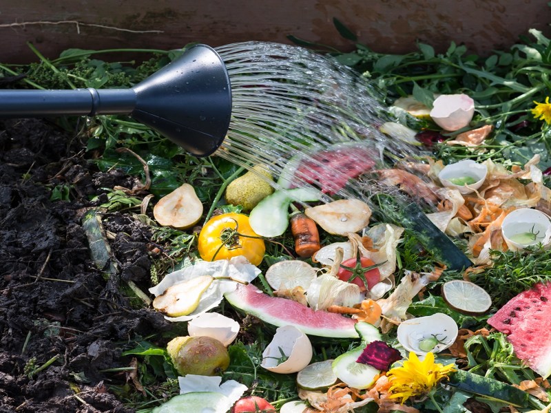 Essensreste im Kompost werden mit Gießkanne gegossen