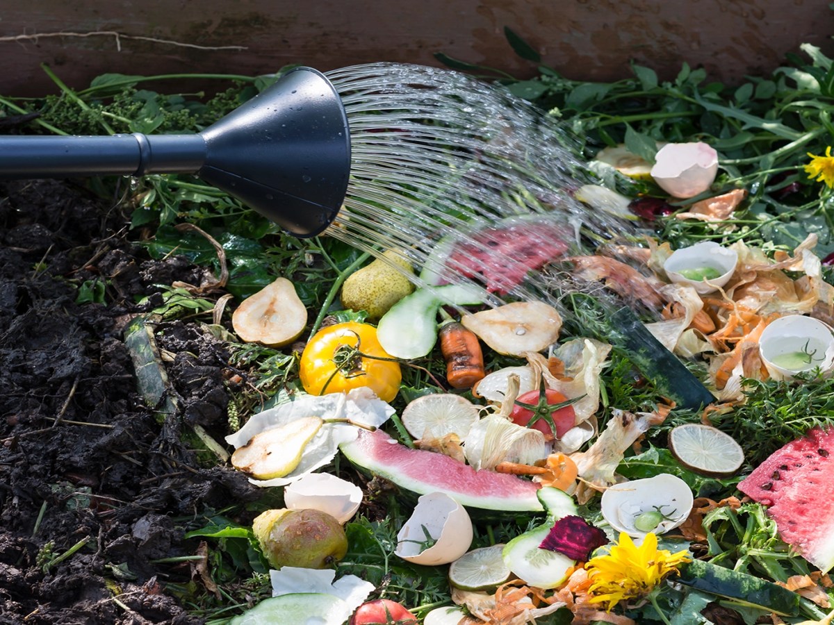 Essensreste im Kompost werden mit Gie&szlig;kanne gegossen