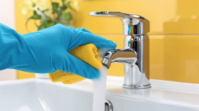 Hand in blauem Handschuh putzt Wasserhahn.