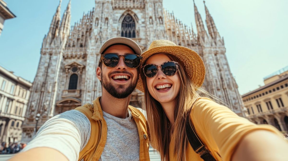 Lachendes, junges Paar macht ein Selfie vor dem Dom in Mailand