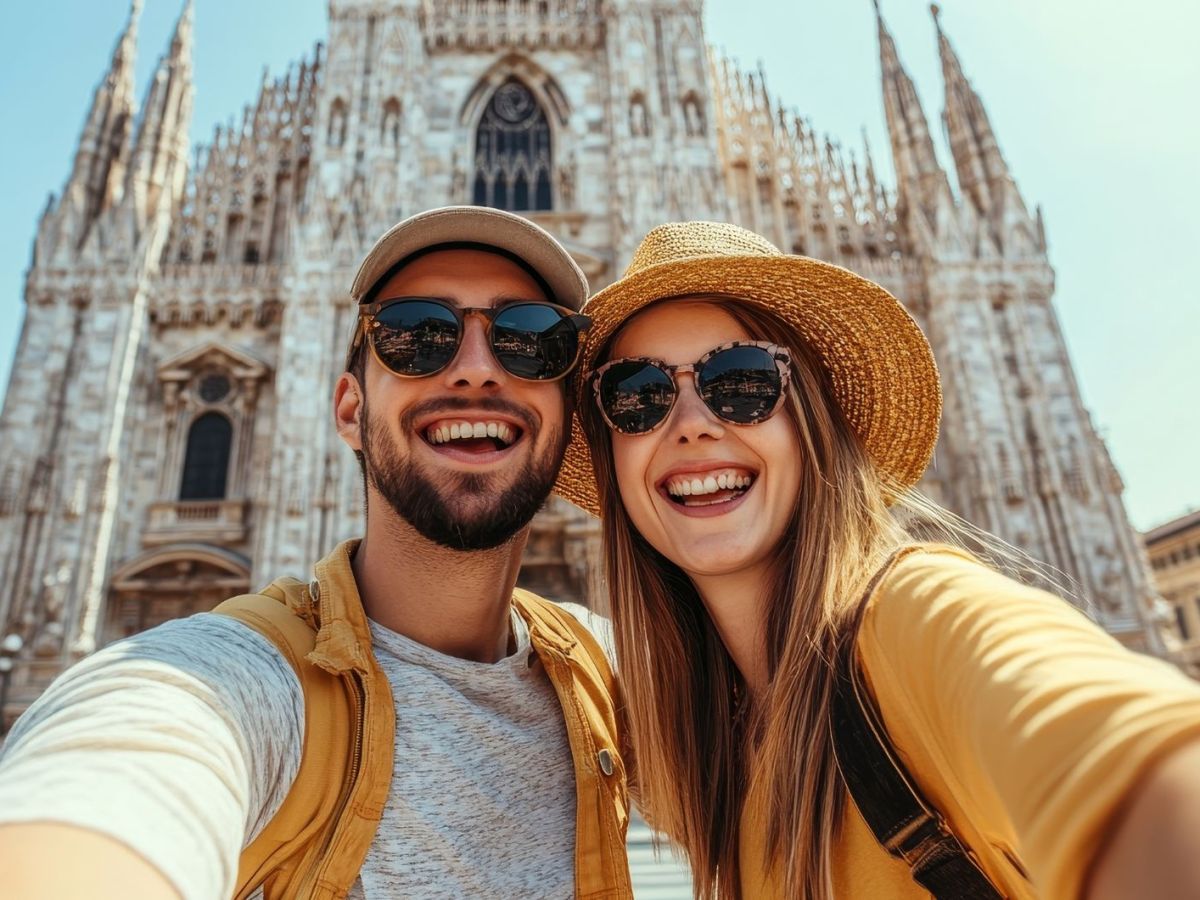 Lachendes, junges Paar macht ein Selfie vor dem Dom in Mailand