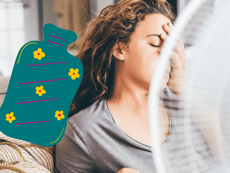 Frau liegt bei Hitze mit Ventilator im Bett, neben ihr eine Grafik einer Wärmflasche