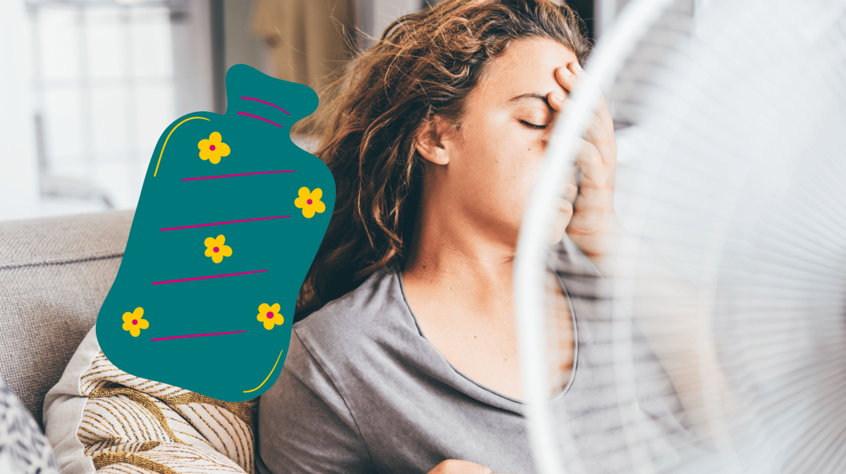 Frau liegt bei Hitze mit Ventilator im Bett, neben ihr eine Grafik einer Wärmflasche