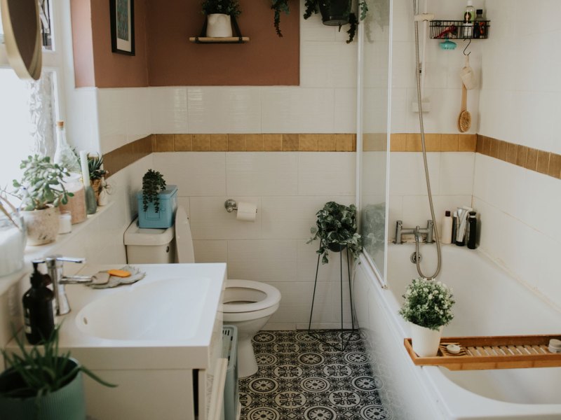 Stylisches, aufgeräumtes, kleines Badezimmer mit Pflanzen.