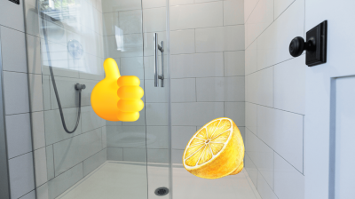 Helle geflieste Duschkabine mit Glaswand, Zitronenhälfte und Daumen-hoch-Emoji als Symbol für natürliche Reinigung.