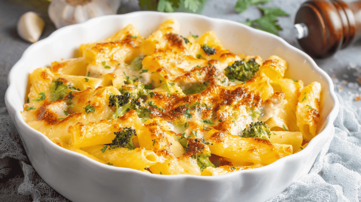 Nudelauflauf mit Brokkoli in einer weißen Auflaufform.