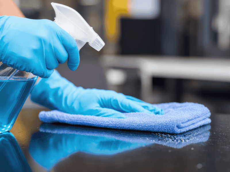 Person wischt mit Lappen über Oberfläche.