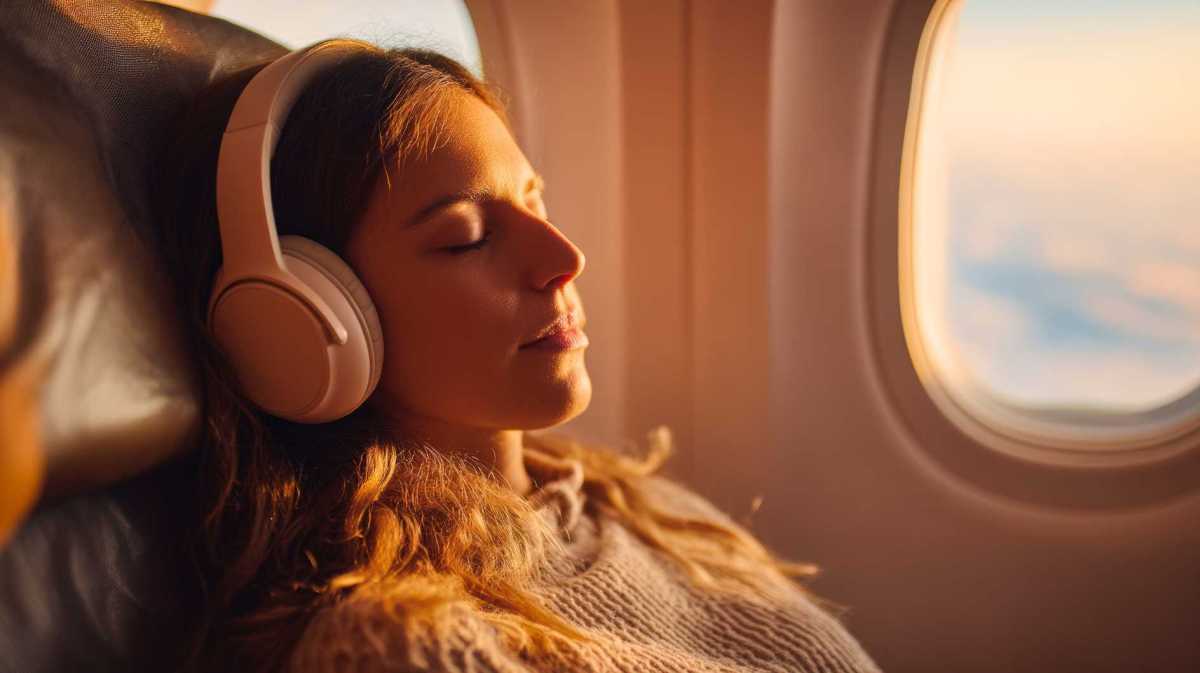 Junge Frau schläft im Flugzeug.