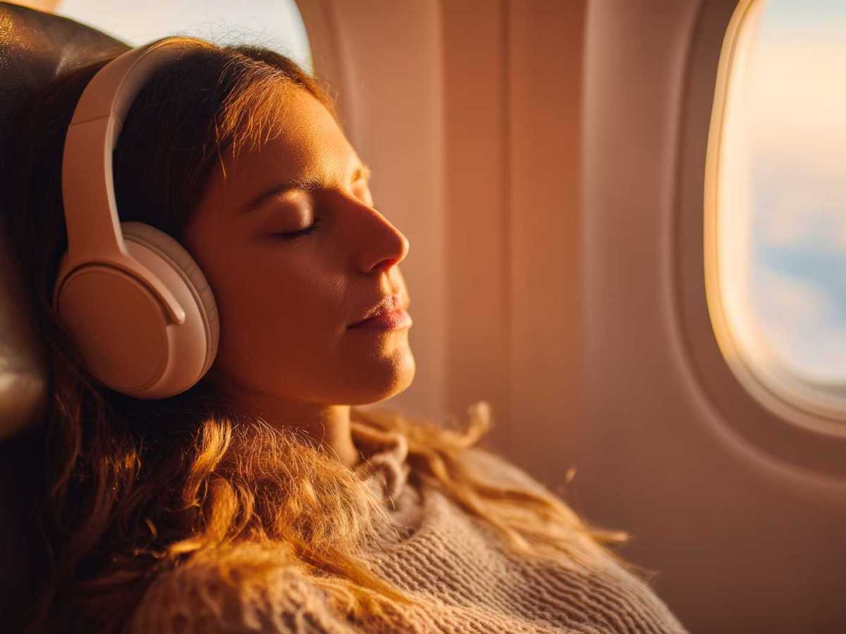 Junge Frau schläft im Flugzeug.