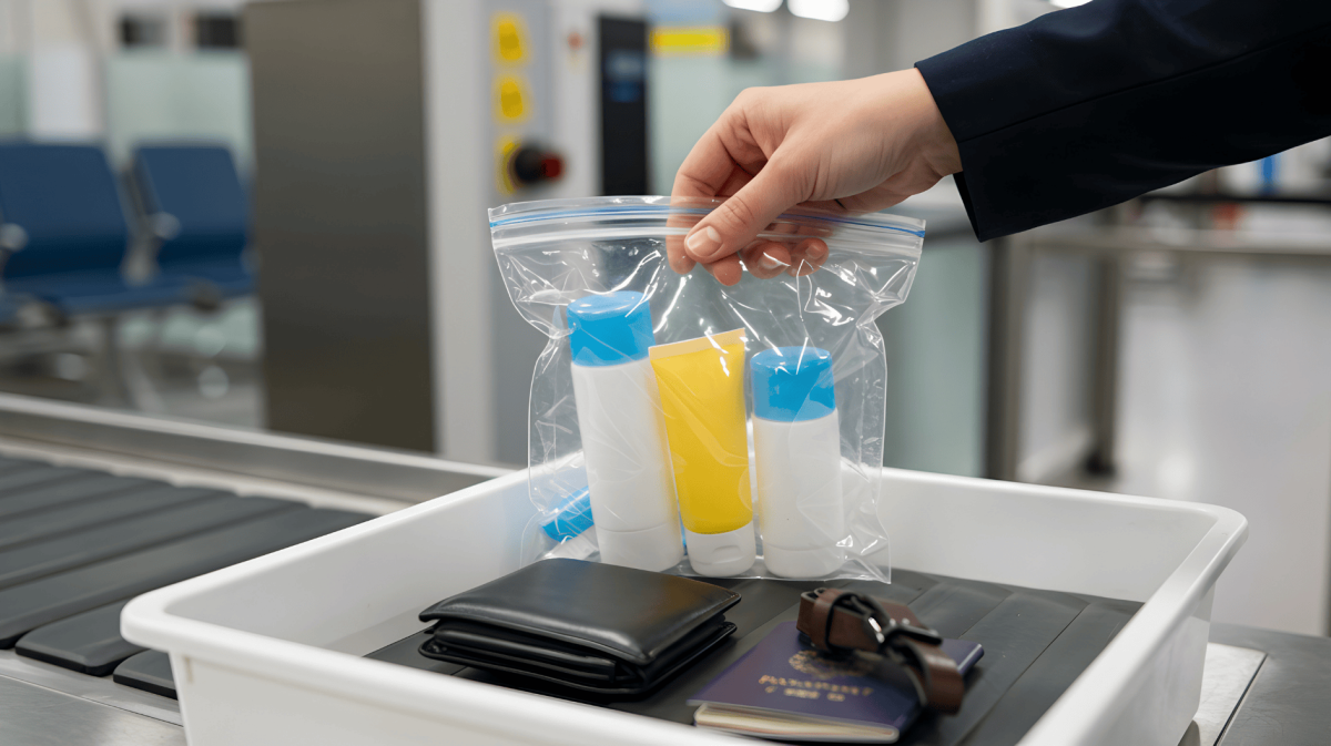 Person legt transparenten Beutel mit 100-ml-Flaschen in Behälter bei Flughafenkontrolle.