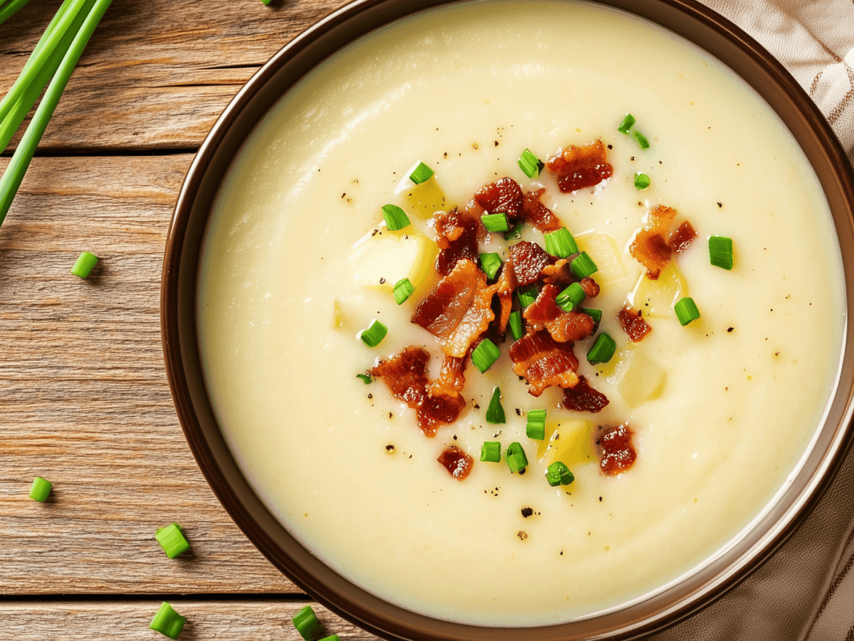 Kartoffelsuppe mit Speck und Schnittlauch.