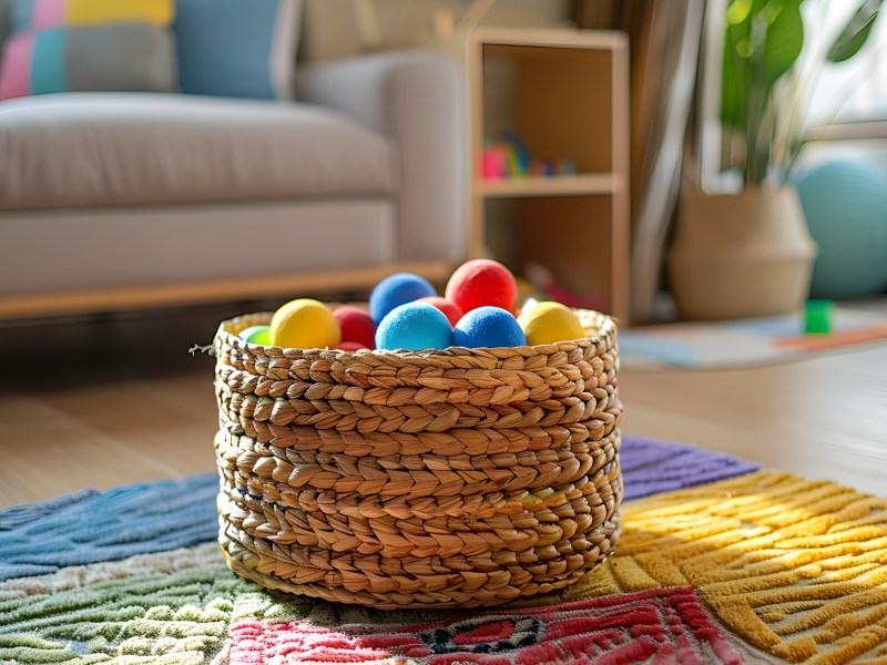 Bastkorb mit bunten Bällen.