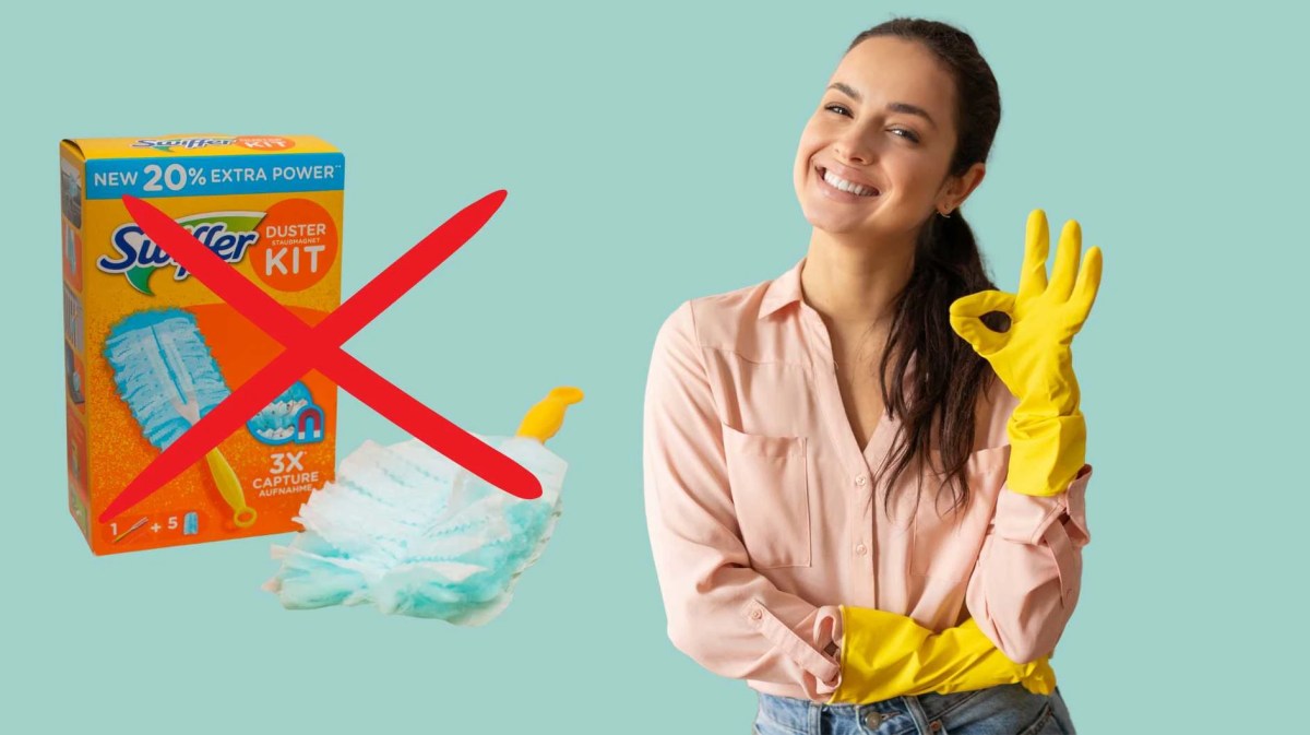 Frau mit Putzhandschuhen und eine Produktabbildung von Swiffer