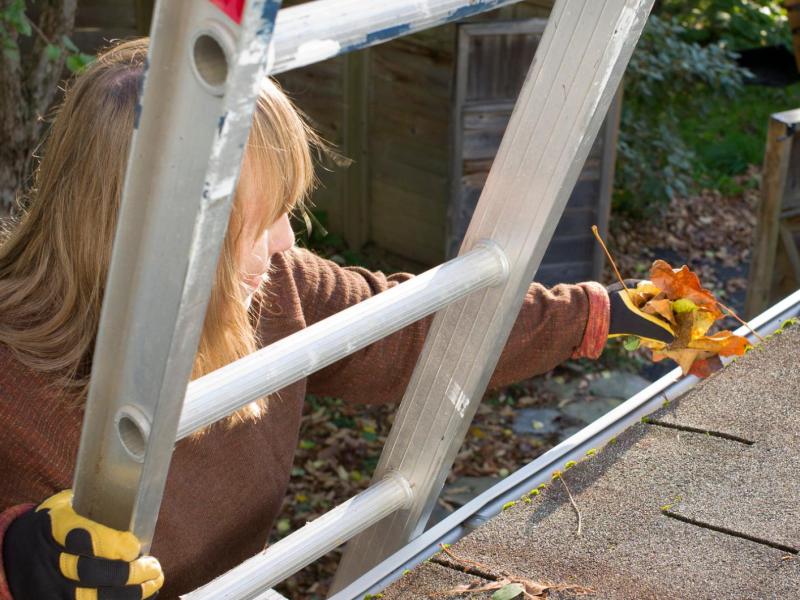 Frau steht auf einer Leiter am Dach und macht die Dachrinne sauber.