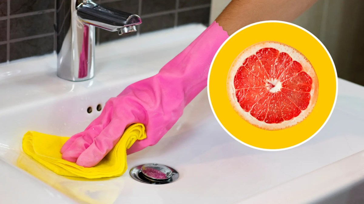 Hand in pinkem Putzhandschuh putzt Waschbecken mit gelbem Tuch, daneben Kreis mit Grapefruit