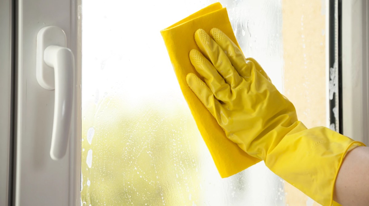 Nahaufnahme einer Hand mit gelben Handschuh, die ein Fenster putzt.