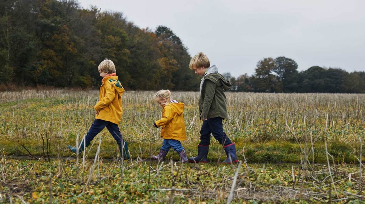 Drei Geschwister unterschiedlichen Alters gehen mit Gummistiefeln und Regenjacke einen Feldweg entlang.