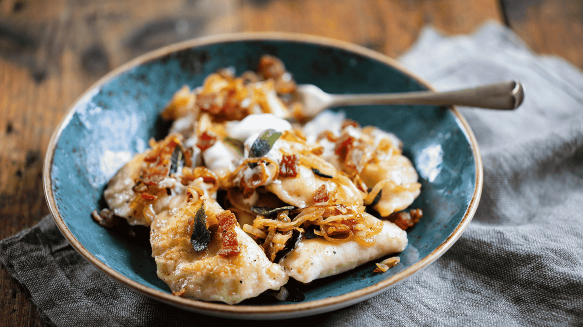 Polnische Pierogi auf einem blauen Teller.