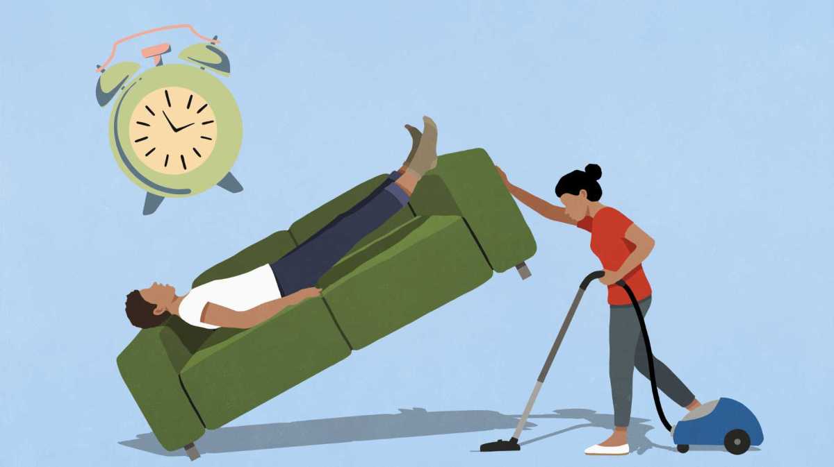 Grafik einer Frau, die unter dem Sofa saugt auf dem ein Mann liegt