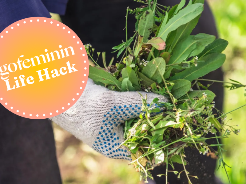 Hand mit Handschuh und Unkraut, daneben gofeminin Logo