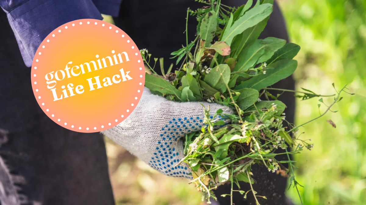 Hand mit Handschuh und Unkraut, daneben gofeminin Logo