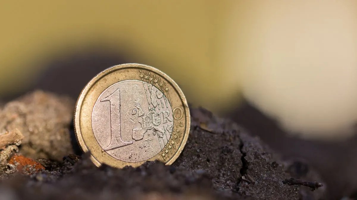 Ein Euro liegt in der Erde.