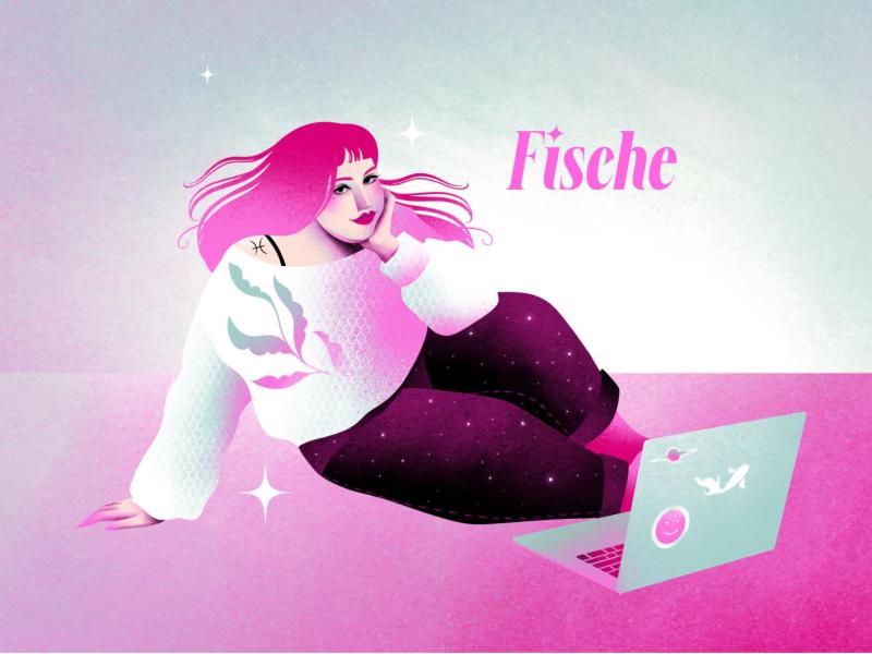 Stylisierte Fische-Frau mit fließendem Haar lehnt locker am Boden, ein türkisfarbener Laptop mit Fischsymbol vor ihr.