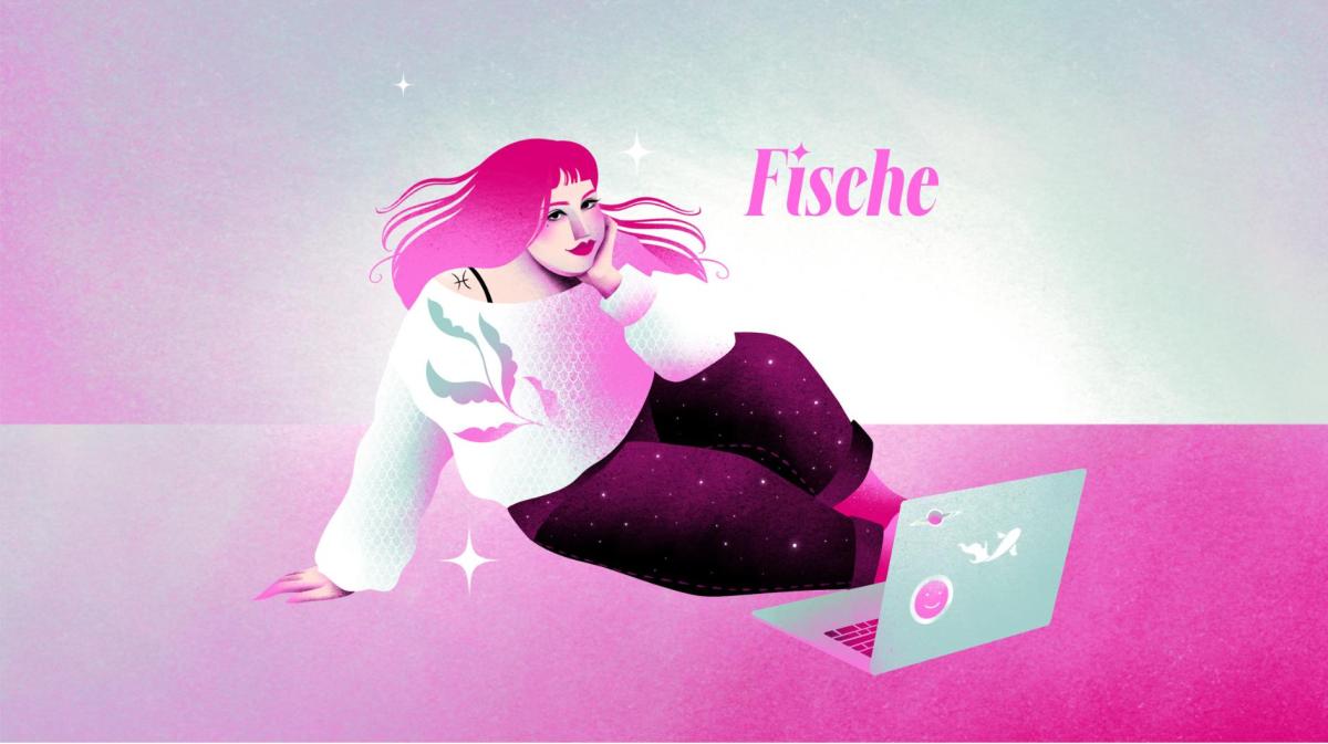 Stylisierte Fische-Frau mit fließendem Haar lehnt locker am Boden, ein türkisfarbener Laptop mit Fischsymbol vor ihr.