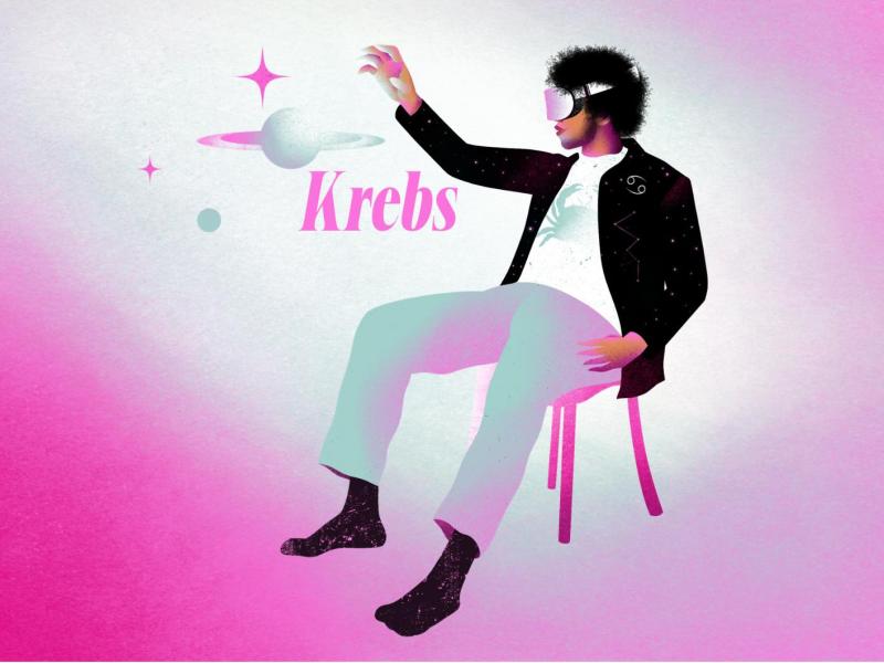 Stylisierter Krebs-Mann mit weißem Shirt und schwarzen Locken sitzt verträumt auf Stuhl und interagiert mit einem Planeten.