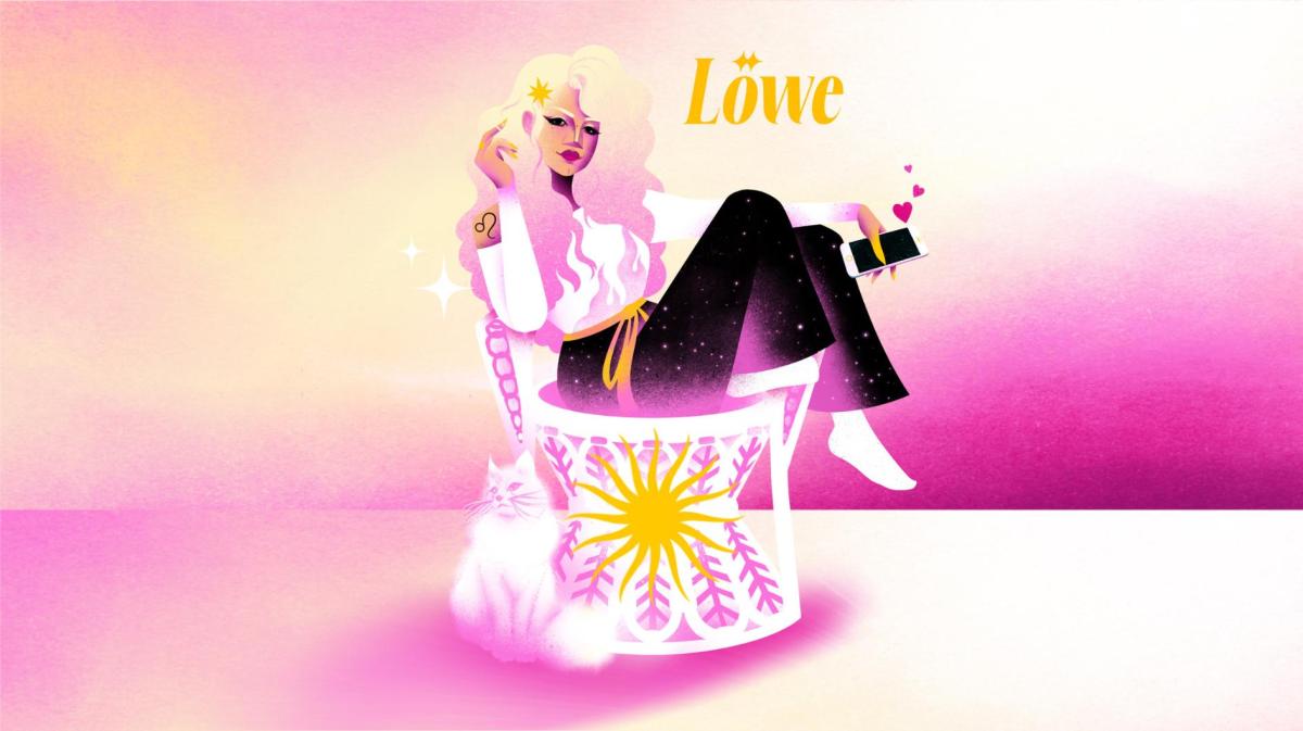 Junge Frau mit galaktischer Hose, weißem Oberteil und Schmollmund lehnt lässig mit Handy auf pinkem Stuhl, neben ihr eine Katze.