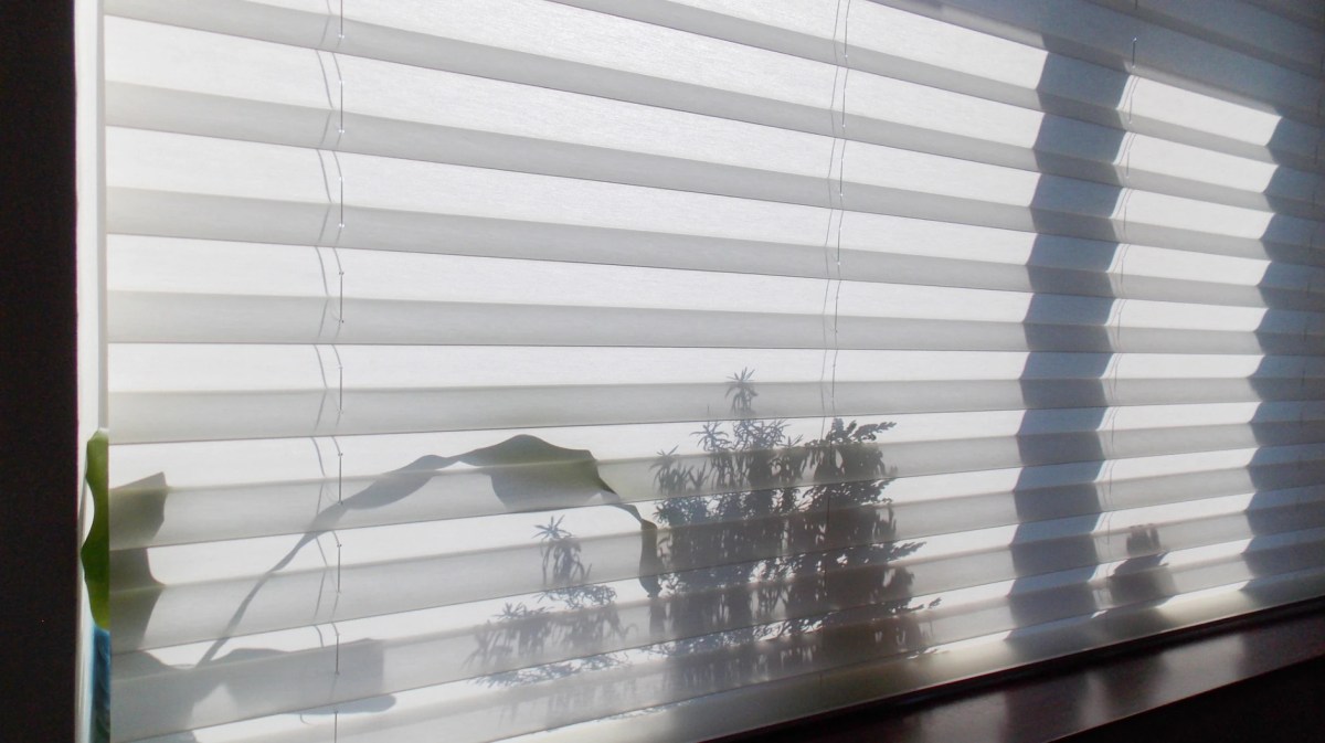 Vor einer Fensterfront hängt ein weißes Plissee