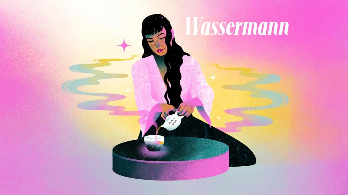 Nachdenkliche Frau in rosa Kimono kniet vor einem runden Tisch und schenkt galaktisches Wasser in ein Glas.