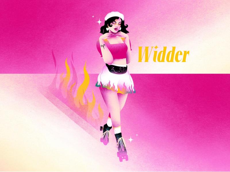 Stylisierte Widder-Frau mit Stirnband und Flammenmotiv auf Minirock fährt verträumt auf Rollschuhen durch rosa Licht.